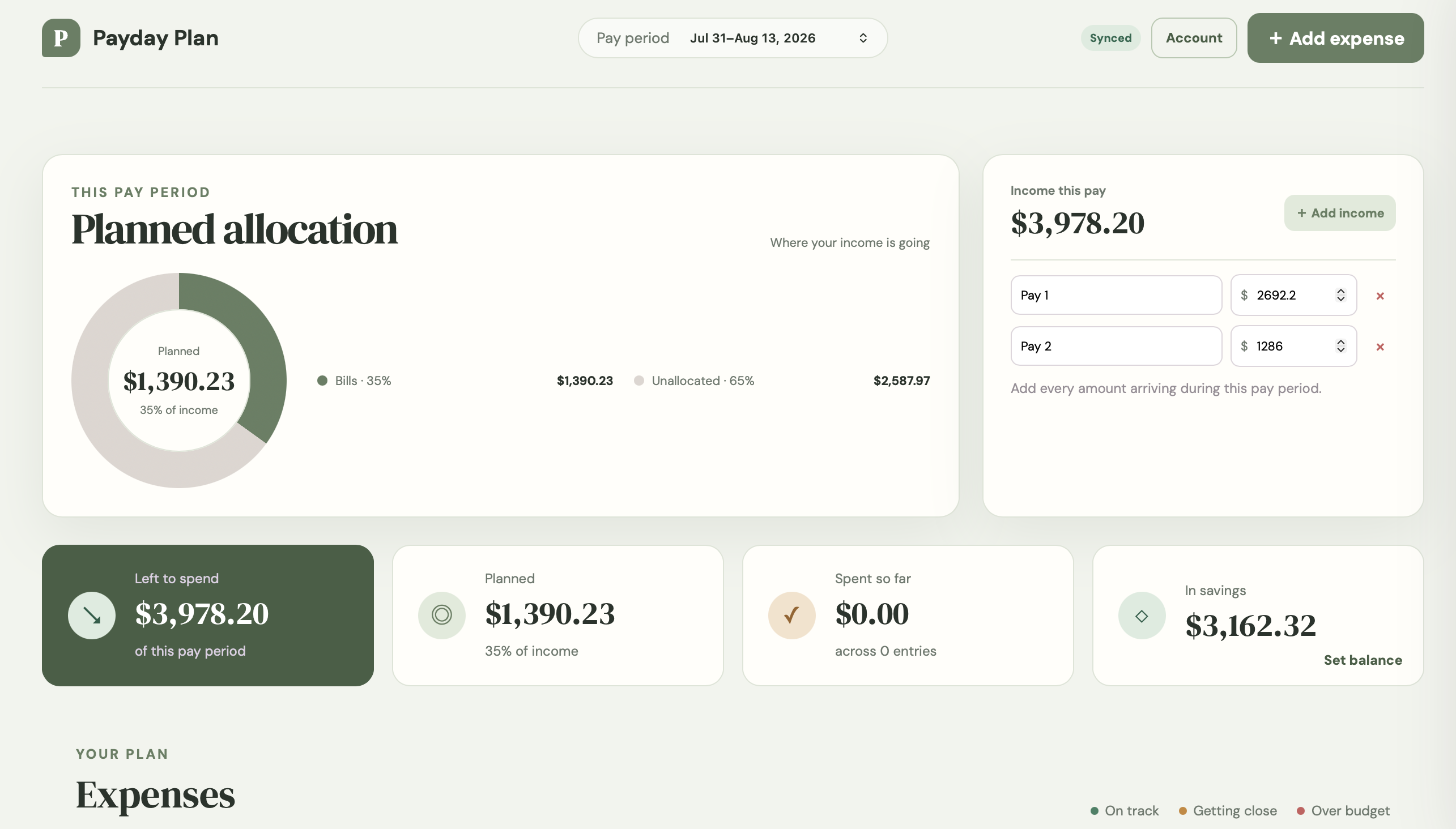 Payday Plan budgeting app dashboard