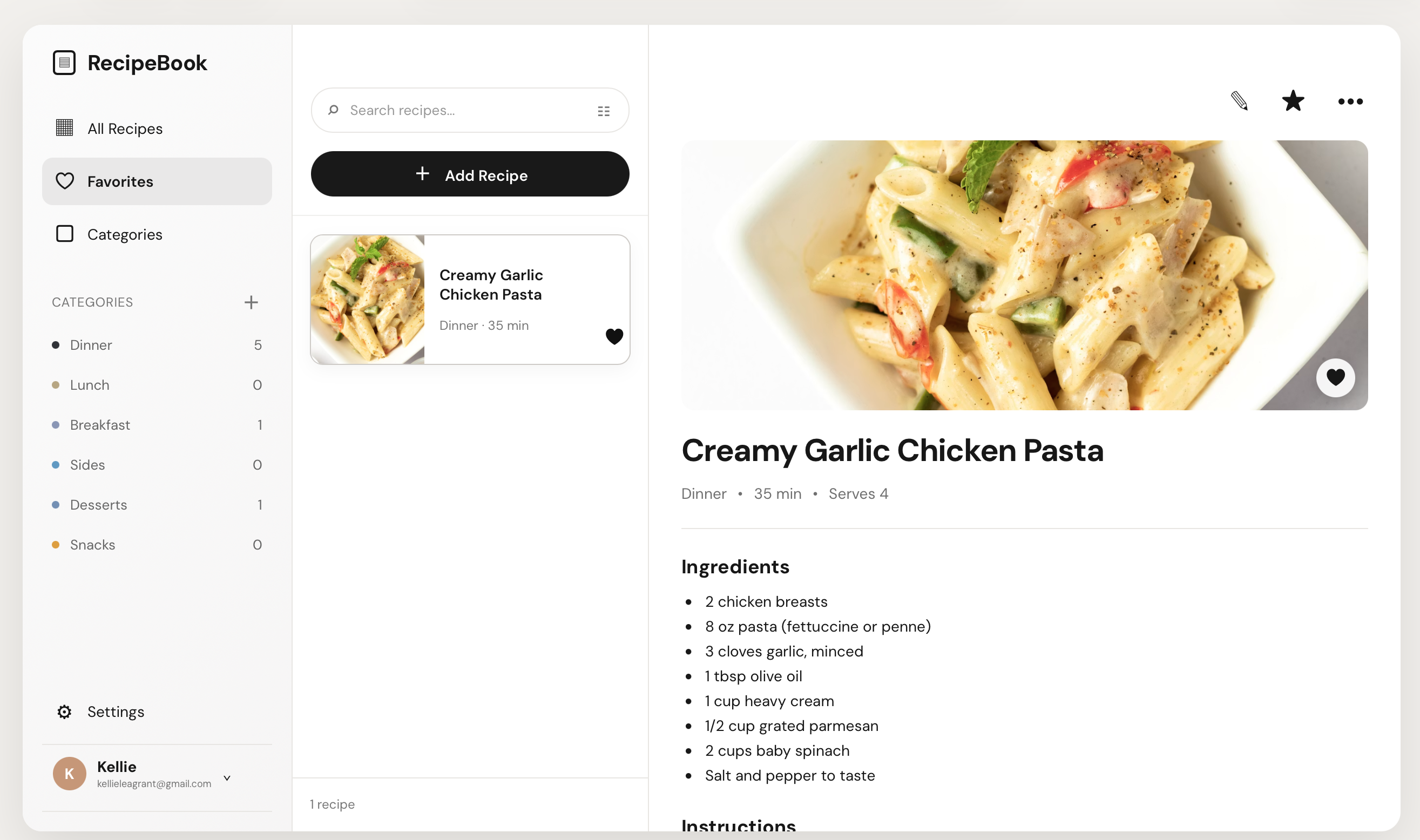 RecipeBook application showing a creamy garlic chicken pasta recipe